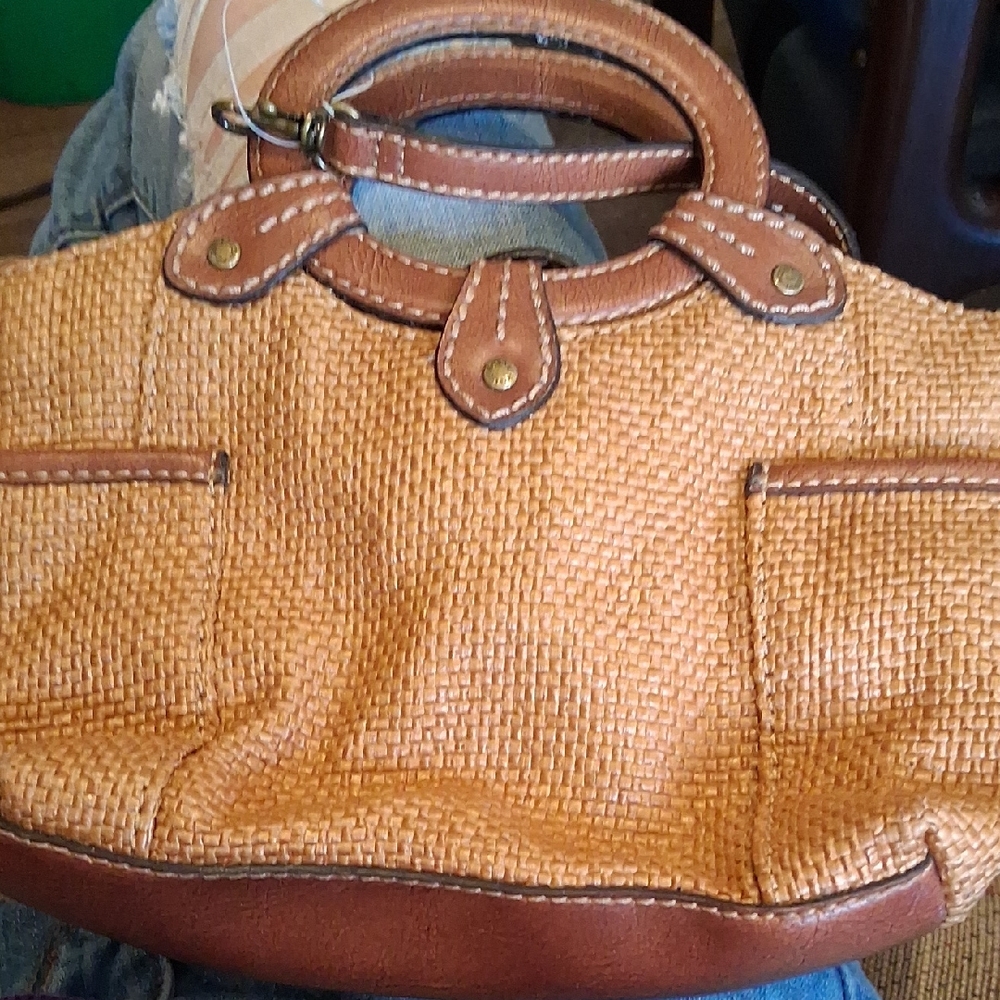 Fossil Tan Woven Tote with Brown Leather Trim